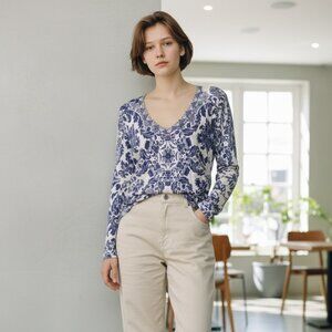 Johnny Was Los Angeles Boho Tunic Top Purple Ivory Damask Print Long Sleeve